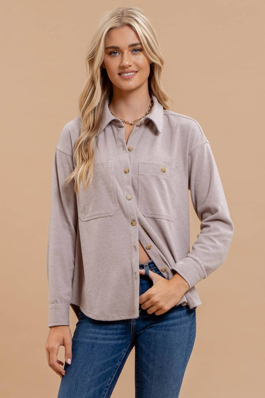 Button Down Long Sleeve Lightweight Shacket in Taupe