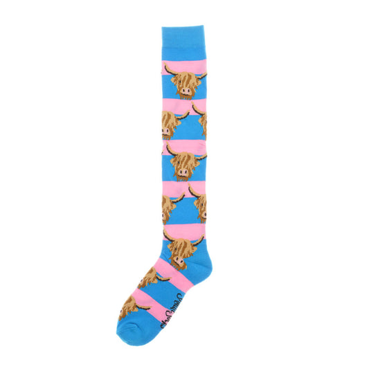 Shuttle Socks Blue & Pink Long Highland Cow Welly Socks Adult 3-7