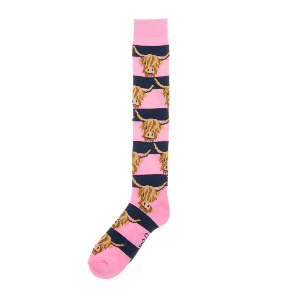 Shuttle Socks Pink & Navy Highland Cow Long Welly Socks Adult 3-7