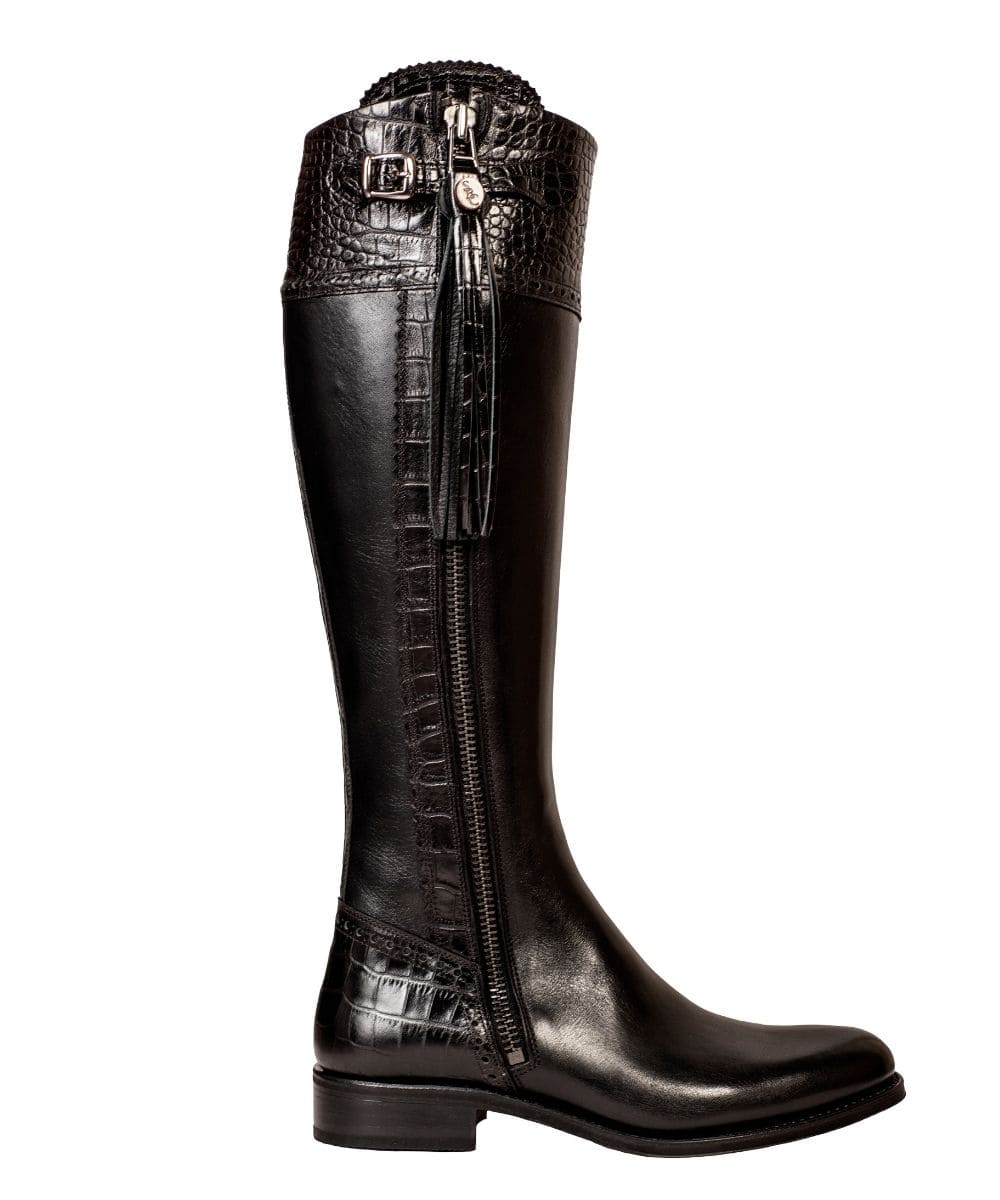 Spanish Boot Co: Tall Mock Croc Leather - Black