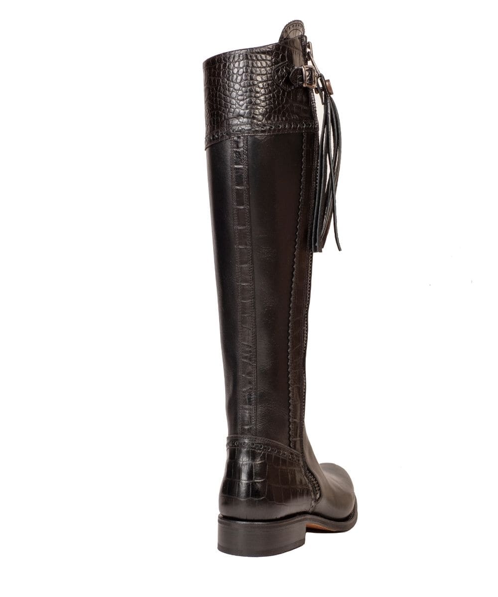 Spanish Boot Co: Tall Mock Croc Leather - Black